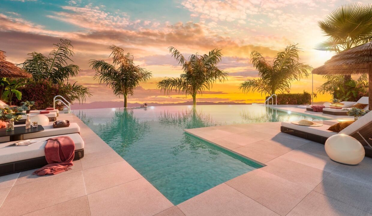Piscina-atardecer-Soleia-Living-Exxacon-viviendas-de-obra-nueva-en-Mijas-Costa-del-Sol