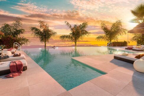 Piscina-atardecer-Soleia-Living-Exxacon-viviendas-de-obra-nueva-en-Mijas-Costa-del-Sol